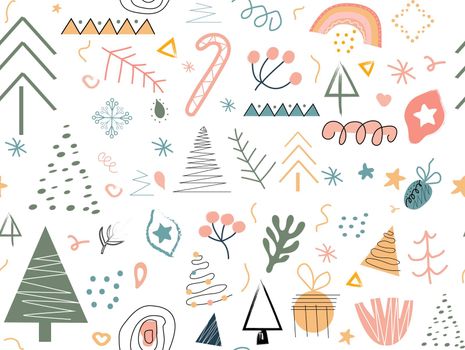 Modern abstract hand drawing Christmas doodles seamless pattern, Trendy contemporary clip art.