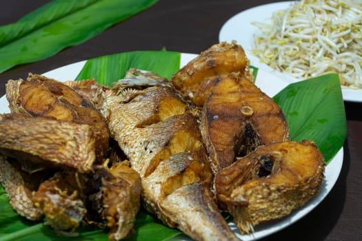 Fried fish on plate with green leaf on dark background