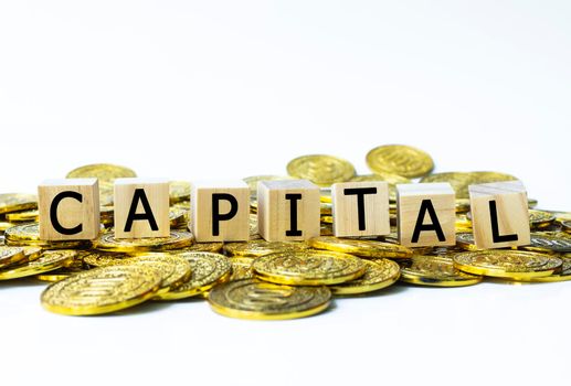 Capital text on wood block with a pile of gold coins on white background