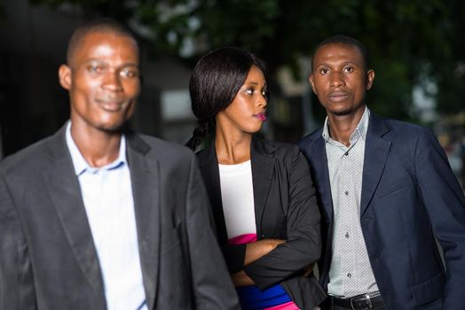 Modern team outdoors. Portrait of businessmen and businesswoman
